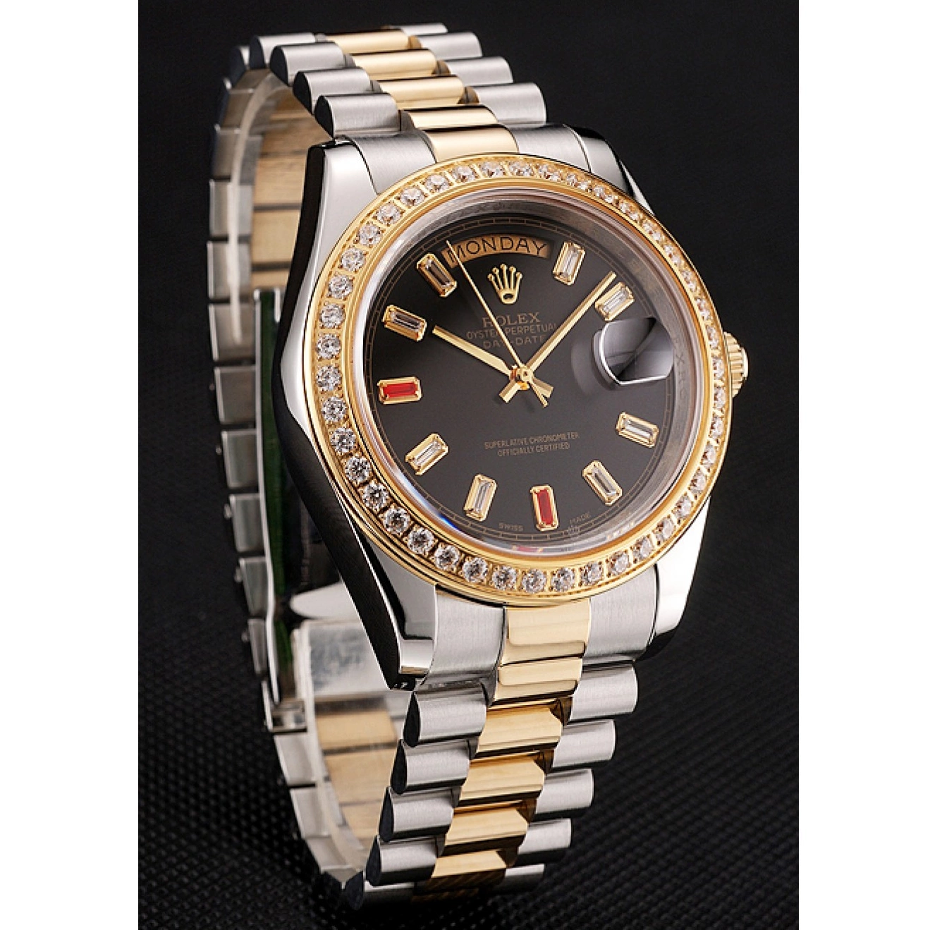 Good copy rolex watches Dial Black 1454105 Rolex Two Day-Date Rubies And Diamonds Bracelet Swiss Tone 0717